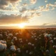 Cotton field at sunset with rows of mature cotton bolls ready for harvest