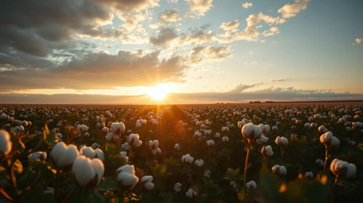Cotton field at sunset with rows of mature cotton bolls ready for harvest