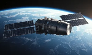Orbital data center satellite in space with solar panels and integrated rocket stage, representing Cowboy Space's space-based AI compute concept.