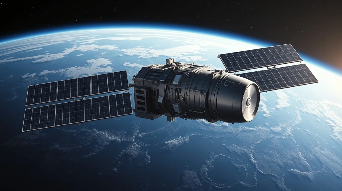 Orbital data center satellite in space with solar panels and integrated rocket stage, representing Cowboy Space's space-based AI compute concept.
