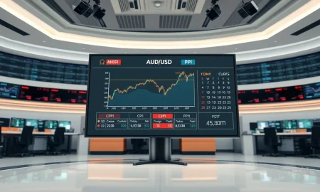 Financial news studio screen showing AUD/USD chart and CPI/PPI economic calendar