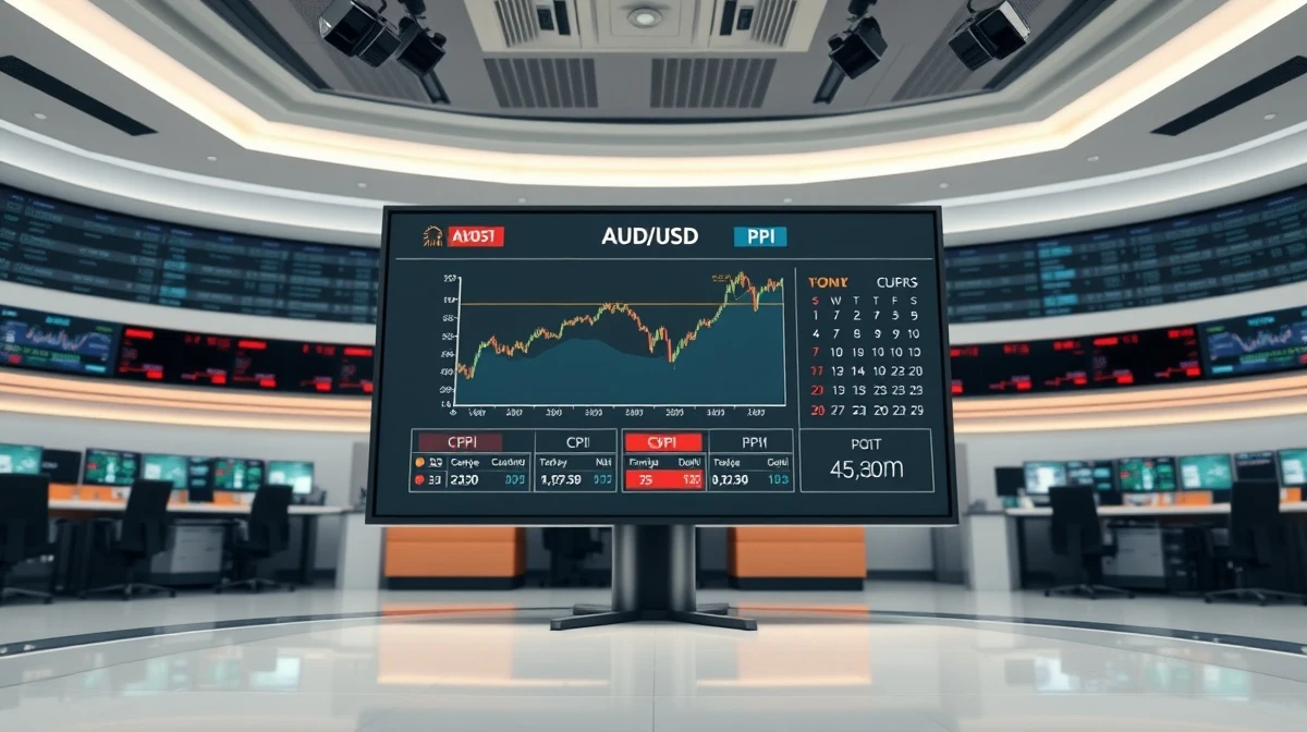 Financial news studio screen showing AUD/USD chart and CPI/PPI economic calendar