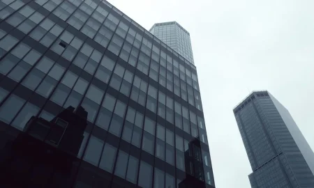 Exterior of a modern glass office building in London's financial district under overcast skies.