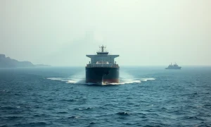Oil tanker navigating the Strait of Hormuz under overcast skies with a military vessel in the distance.
