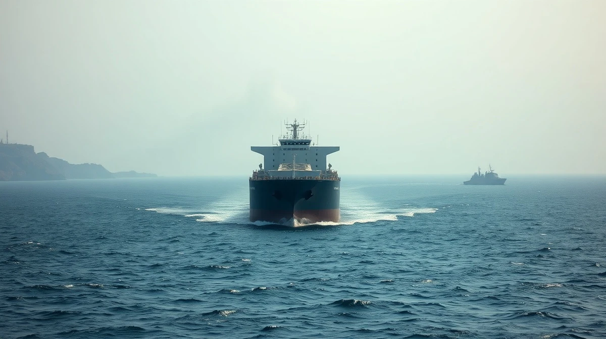Oil tanker navigating the Strait of Hormuz under overcast skies with a military vessel in the distance.