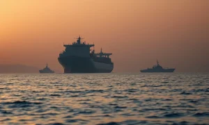Oil tanker anchored near the Strait of Hormuz at dawn with naval presence