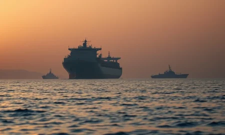 Oil tanker anchored near the Strait of Hormuz at dawn with naval presence