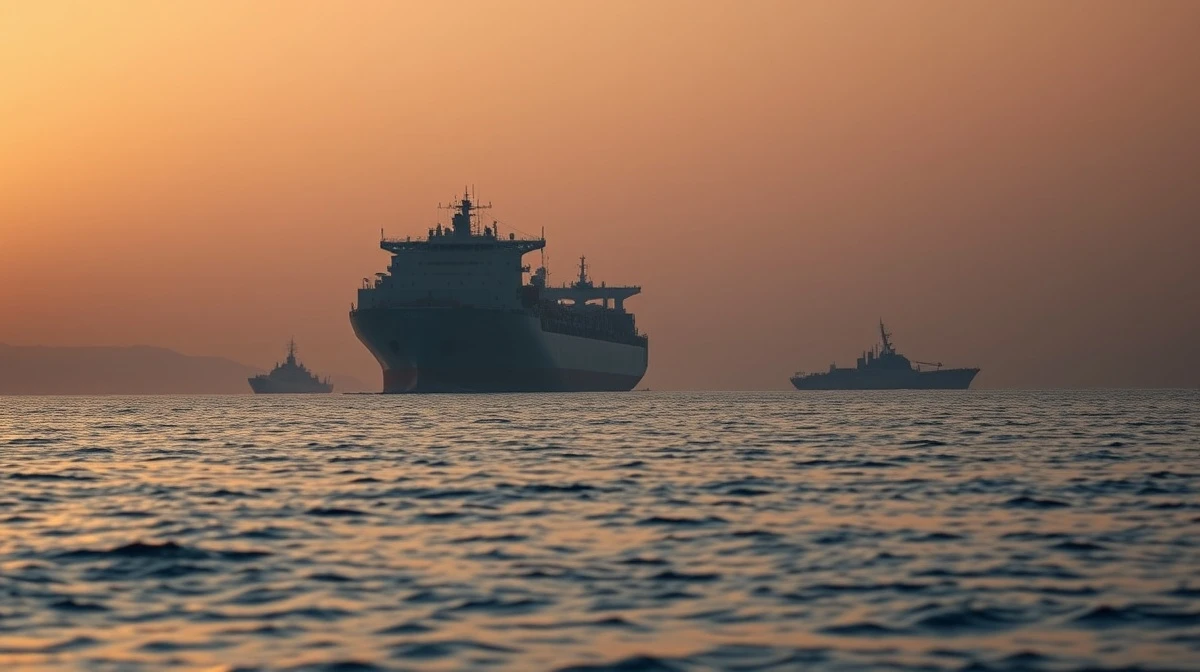 Oil tanker anchored near the Strait of Hormuz at dawn with naval presence