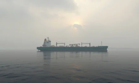 Oil tanker near Strait of Hormuz under cloudy morning sky