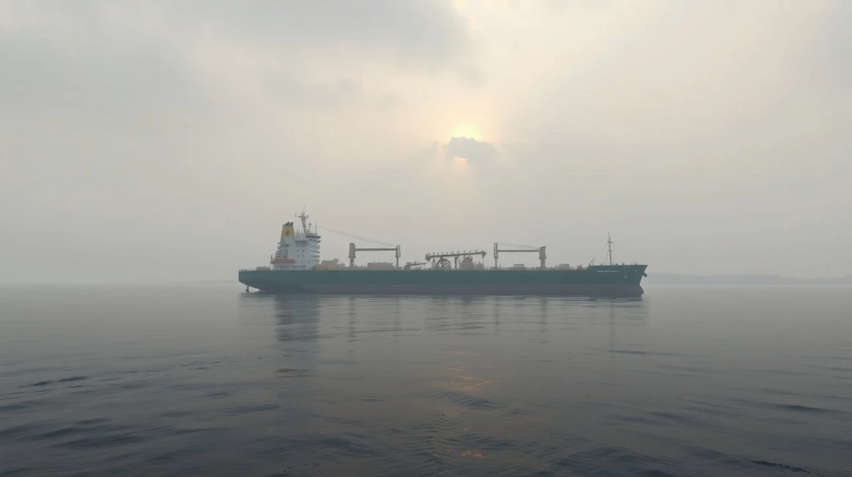 Oil tanker near Strait of Hormuz under cloudy morning sky