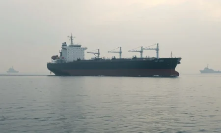 Oil tanker navigating the Strait of Hormuz under overcast skies with naval presence.