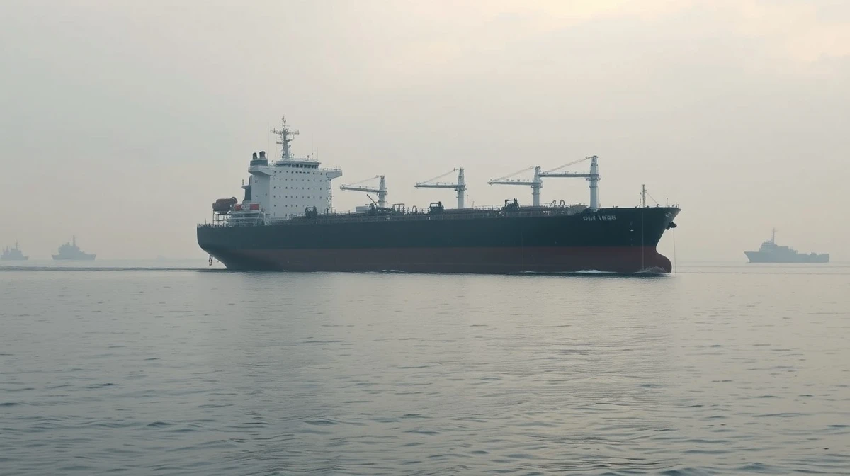 Oil tanker navigating the Strait of Hormuz under overcast skies with naval presence.