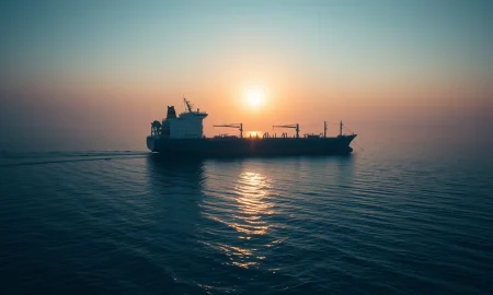Large oil tanker anchored in the Strait of Hormuz under hazy golden sunset light