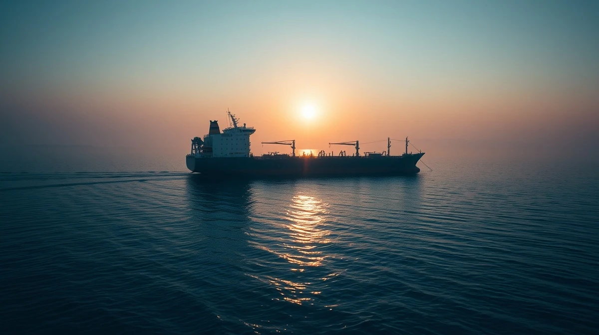 Large oil tanker anchored in the Strait of Hormuz under hazy golden sunset light