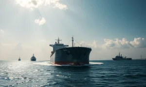 Oil tanker in the Strait of Hormuz with naval escort under cloudy sky