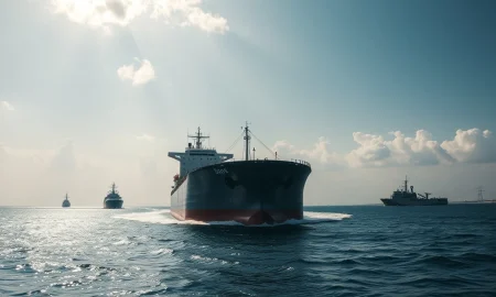 Oil tanker in the Strait of Hormuz with naval escort under cloudy sky