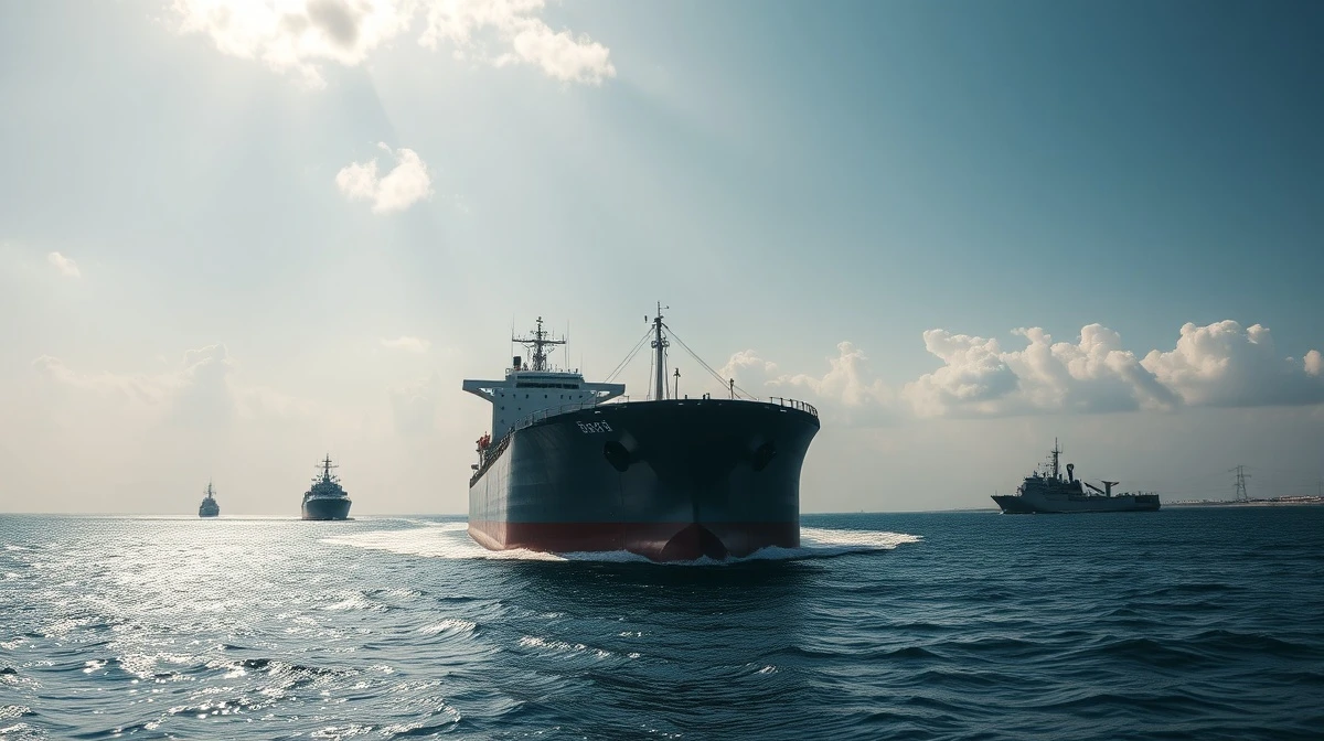 Oil tanker in the Strait of Hormuz with naval escort under cloudy sky
