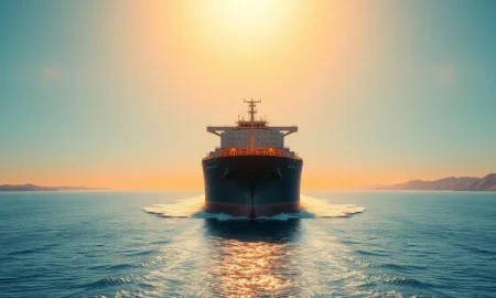 Large oil tanker navigating the Strait of Hormuz at sunset, representing global energy supply and geopolitical tensions.