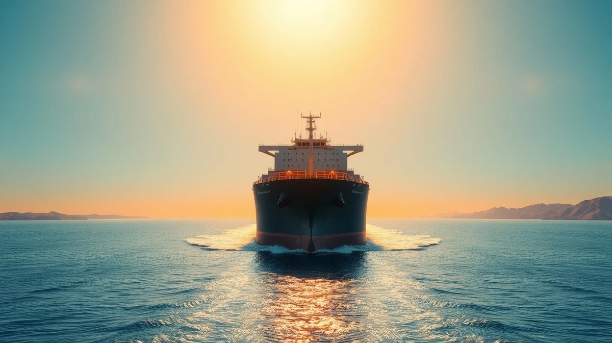 Large oil tanker navigating the Strait of Hormuz at sunset, representing global energy supply and geopolitical tensions.