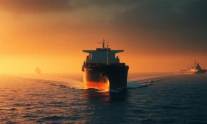 Oil tanker navigating the Strait of Hormuz under tense skies with naval presence.