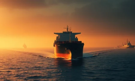 Oil tanker navigating the Strait of Hormuz under tense skies with naval presence.