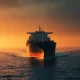 Oil tanker navigating the Strait of Hormuz under tense skies with naval presence.