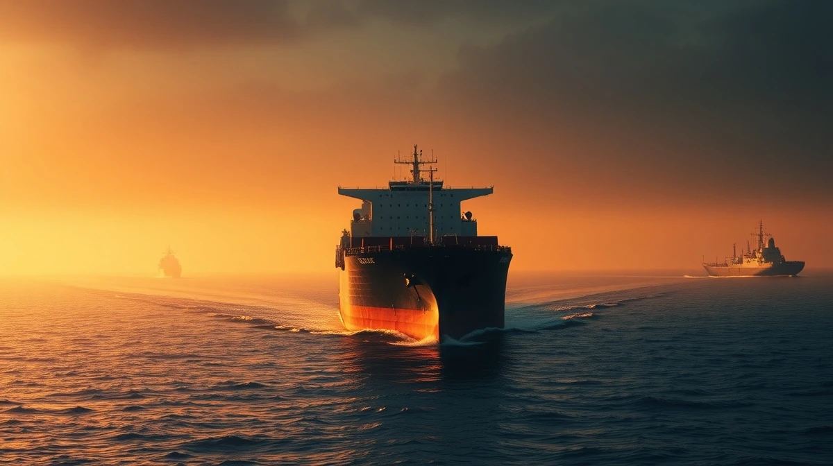Oil tanker navigating the Strait of Hormuz under tense skies with naval presence.