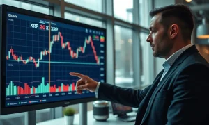 Financial analyst reviewing Bitcoin, Ethereum, and XRP price charts on a large screen in a modern office