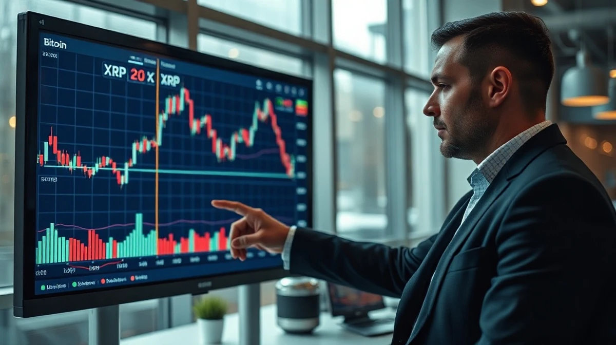 Financial analyst reviewing Bitcoin, Ethereum, and XRP price charts on a large screen in a modern office