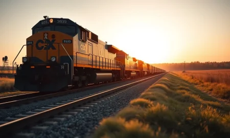CSX freight train moving along railroad tracks at sunset in open countryside.