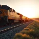 CSX freight train moving along railroad tracks at sunset in open countryside.