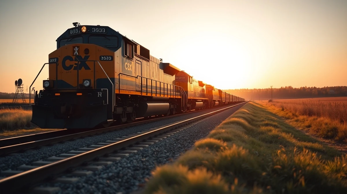 CSX freight train moving along railroad tracks at sunset in open countryside.