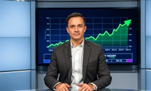 News anchor reporting on Bitcoin recovery with green price chart in background