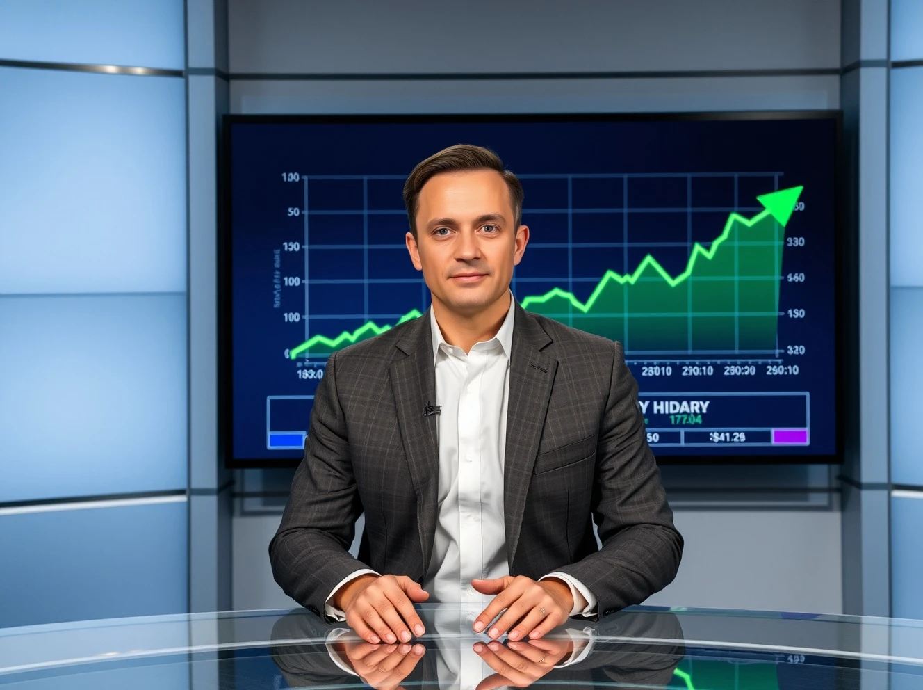 News anchor reporting on Bitcoin recovery with green price chart in background