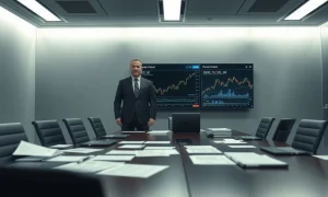 Federal agent standing over financial documents and trading charts in an investigation room