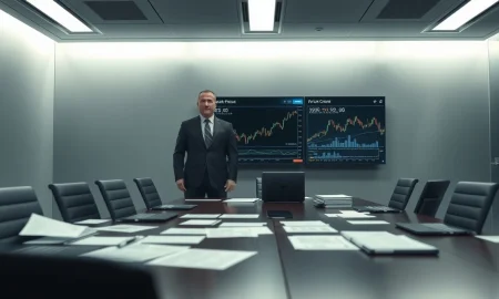 Federal agent standing over financial documents and trading charts in an investigation room