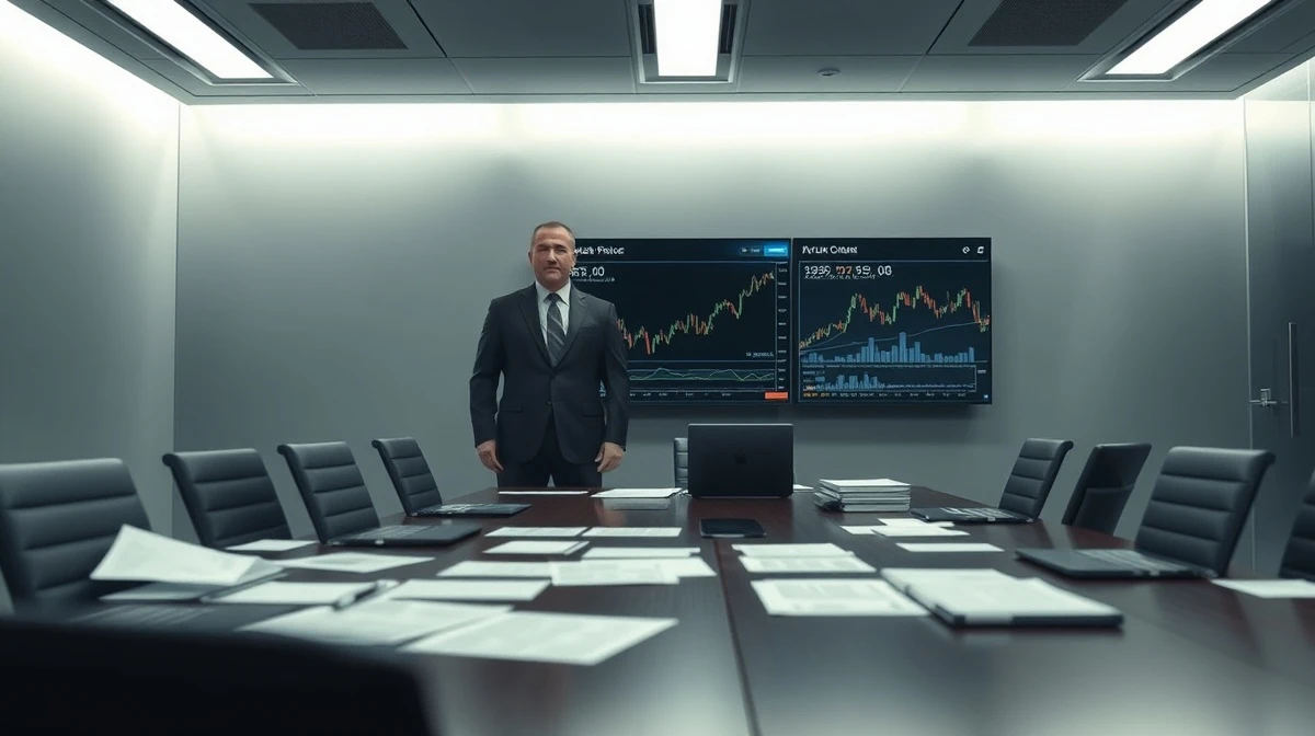 Federal agent standing over financial documents and trading charts in an investigation room