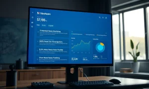 Digital news aggregation dashboard on a monitor in a modern newsroom setting