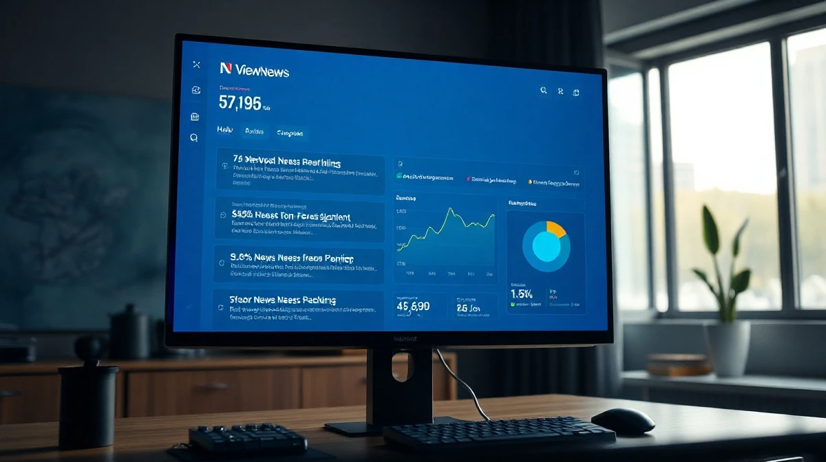 Digital news aggregation dashboard on a monitor in a modern newsroom setting