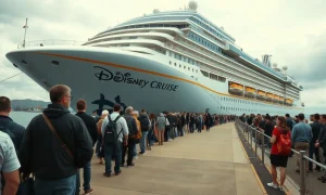 Passengers waiting on the pier near a docked Disney cruise ship after boarding was canceled.