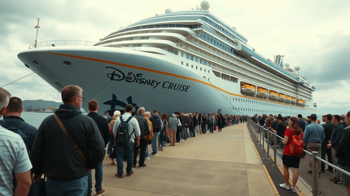 Passengers waiting on the pier near a docked Disney cruise ship after boarding was canceled.