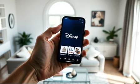 Person holding a smartphone showing a unified Disney app interface with streaming, parks, and cruise options.