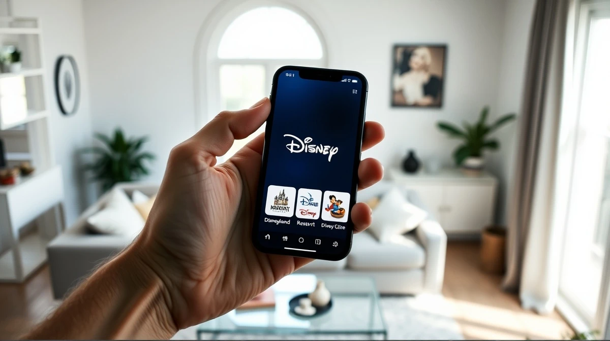 Person holding a smartphone showing a unified Disney app interface with streaming, parks, and cruise options.