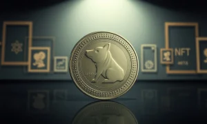 A metallic Dogecoin coin stands prominently on a reflective surface, with faded NFT symbols in the background.