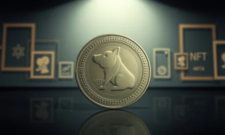A metallic Dogecoin coin stands prominently on a reflective surface, with faded NFT symbols in the background.