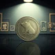 A metallic Dogecoin coin stands prominently on a reflective surface, with faded NFT symbols in the background.