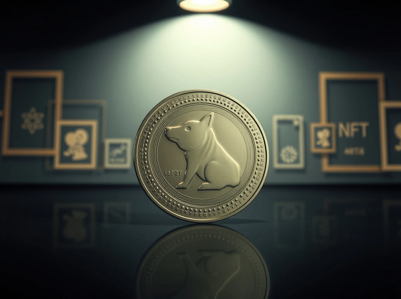 A metallic Dogecoin coin stands prominently on a reflective surface, with faded NFT symbols in the background.