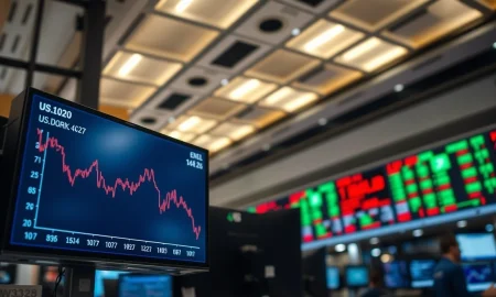 US dollar index chart showing decline on trading floor monitors amid geopolitical news