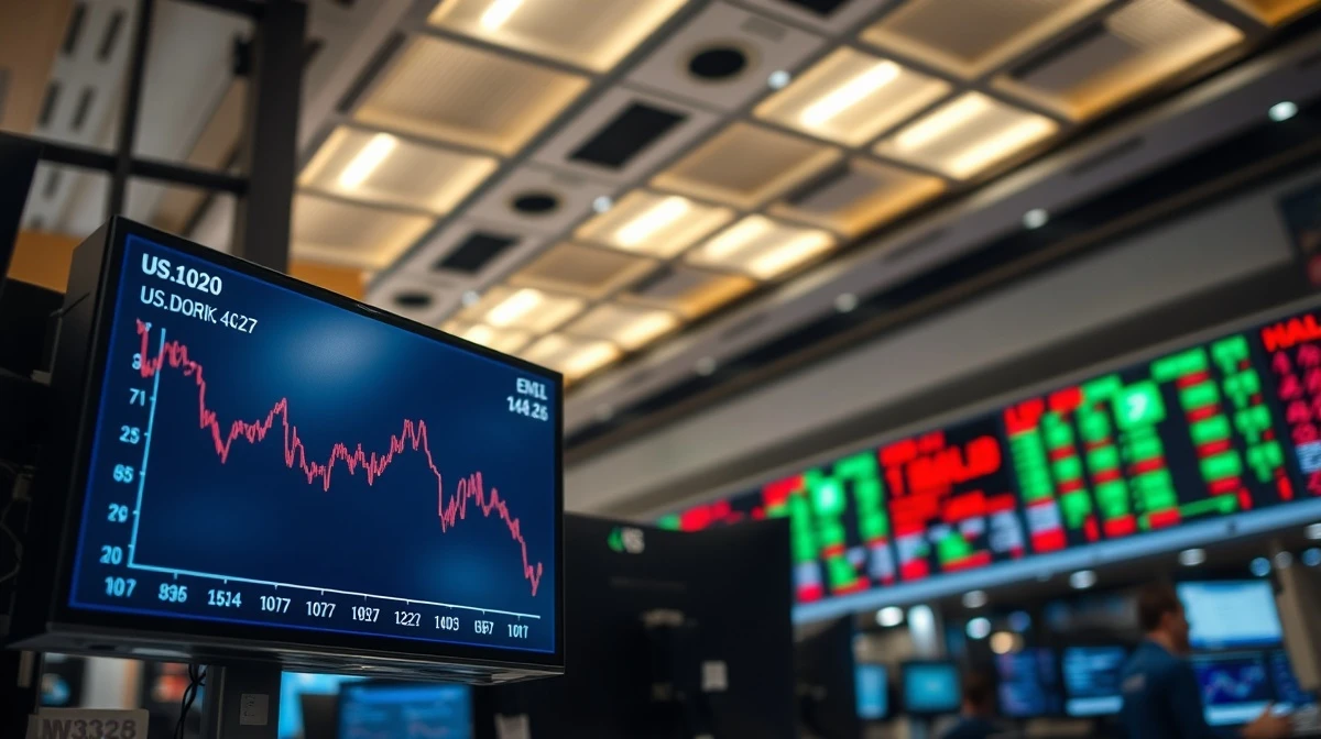 US dollar index chart showing decline on trading floor monitors amid geopolitical news