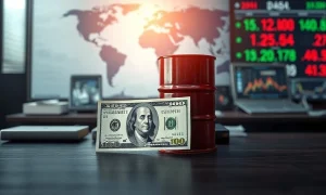 US dollar banknote and crude oil barrel on a desk with financial charts in background